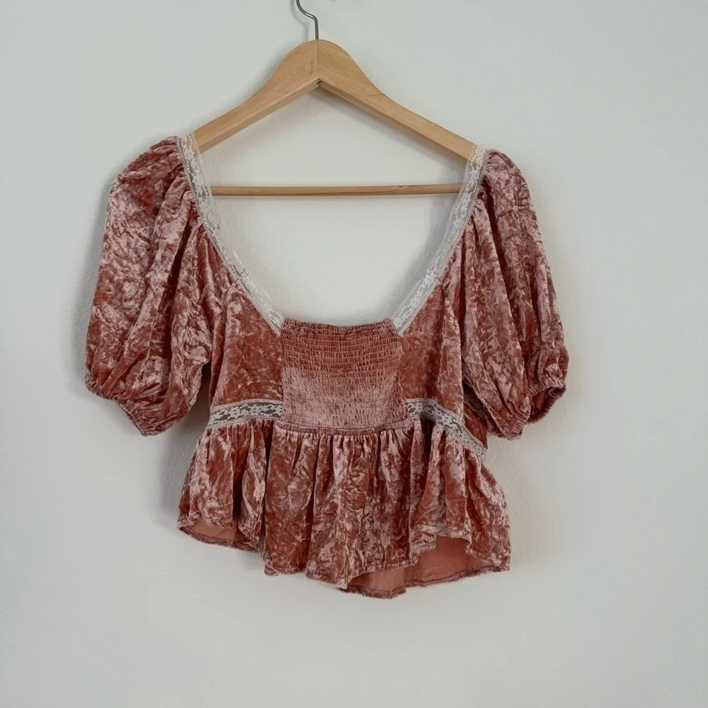 Free People Yours Truly Mauve Pink Velvet Lace Top Blouse XS